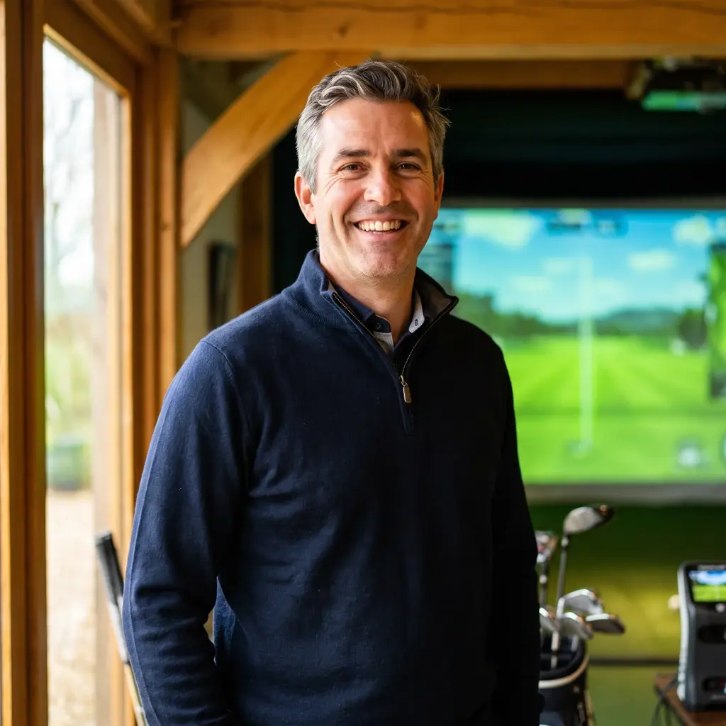 Fairway Sheds owner smiling inside his backyard golf studio